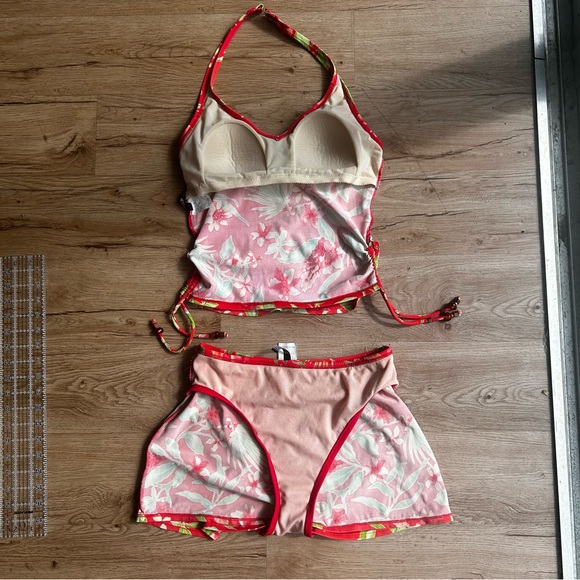 Beach bay Salmon pink & green tankini floral set gold detail & side ties size 8 - Picture 11 of 16